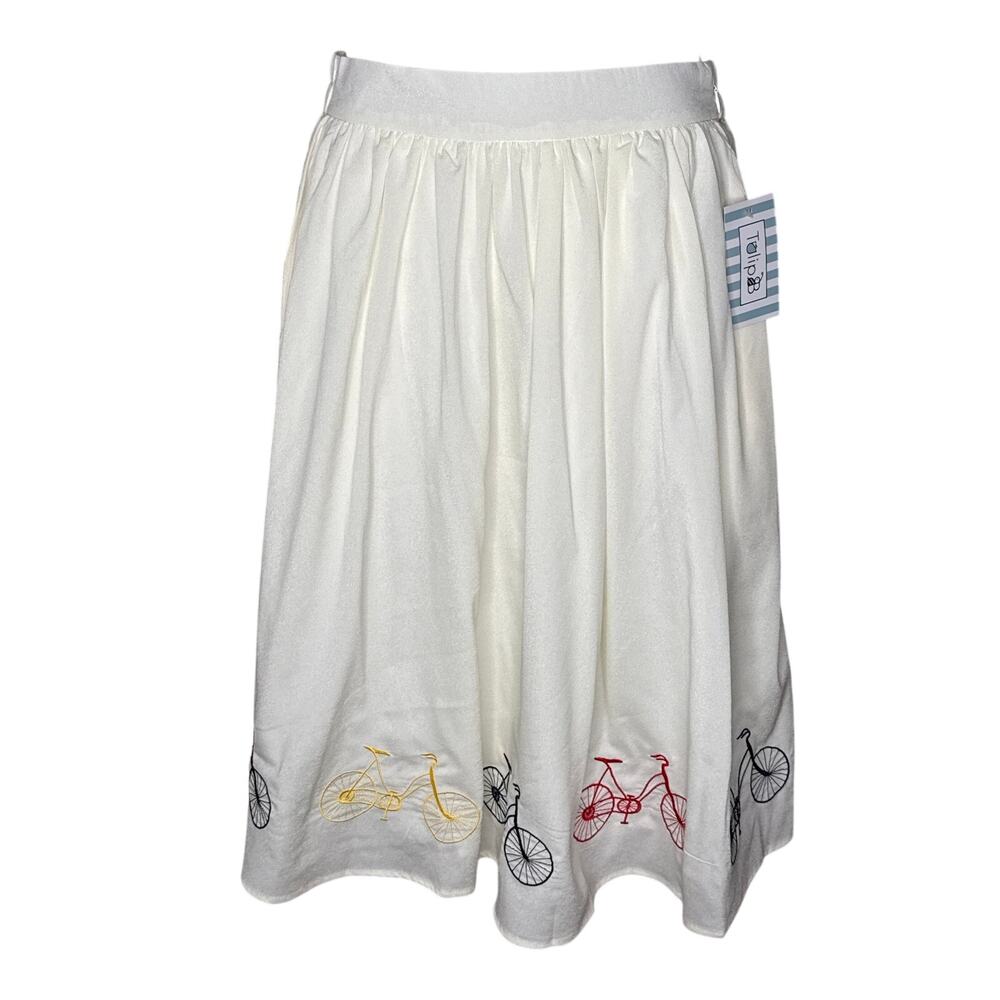 Tulip B Unique Vintage Cream Embroidered Bicycle A-Line Swing Skirt S NWT